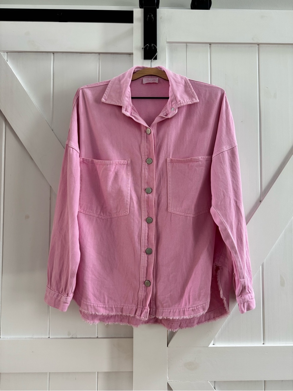 Pink Lily Oversized Denim Pink Button Up Shacket with Boho Frayed Hem